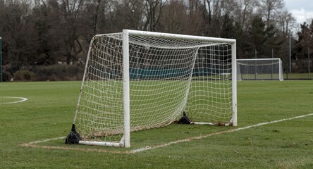 Fototapeta premium Worn soccer goals with mended nets on a grass lawn regularly used by youth football teams