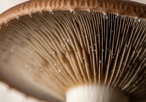Detailed close-up of a mushroom gills covered with water droplets shine