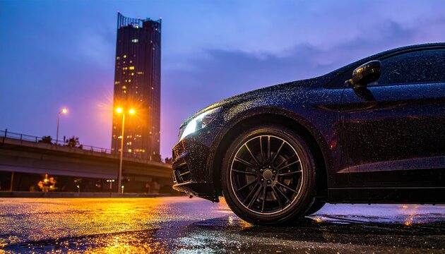 Close de um ve&iacute;culo luxuoso em asfalto &uacute;mido ap&oacute;s a chuva com arquitetura urbana moderna e ilumina&ccedil;&atilde;o noturna dram&aacute;tica em uma metr&oacute;pole.
