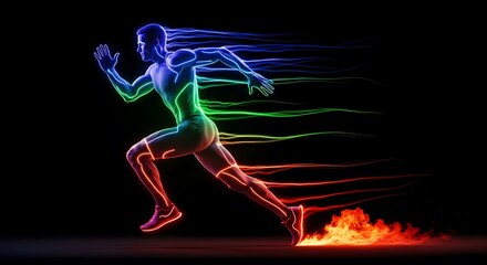 Obraz premium A man runs with a fiery passion and speed in darkness