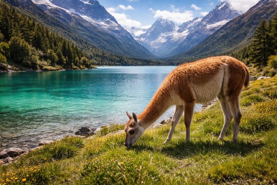 Peaceful guanaco grazing near an emerald lake in a scenic natural landscape