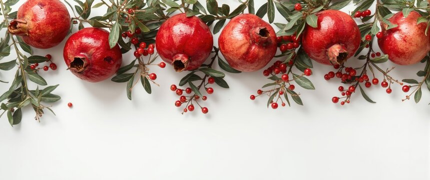 Fresh pomegranate and leafy branches arranged on white background with copy space from a top view