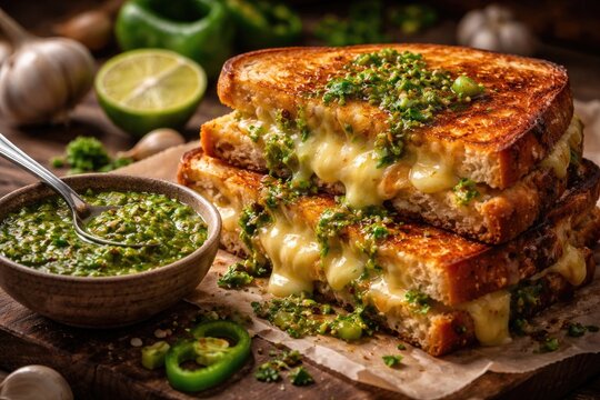 Traditional grilled cheese sandwich with mojo sauce made from garlic and green pepper