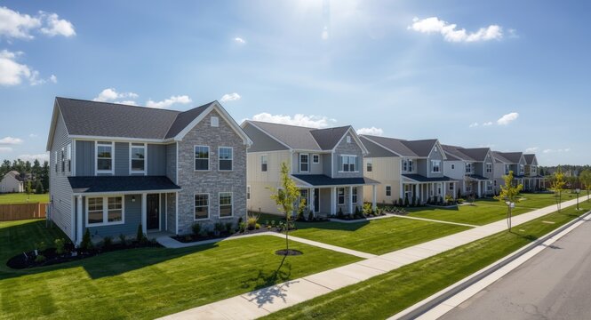 Modern multi family housing clusters in suburban locale under sunny sky ideal for listings