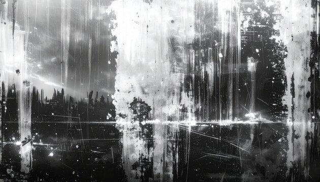 Textura abstrata em preto e branco de uma paisagem urbana noturna com luzes desfocadas, silhuetas de &aacute;rvores e efeitos de vidro sujo e gasto.