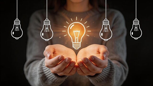 Woman holding a glowing lightbulb in her hands surrounded by hanging lightbulbs symbolizing ideas innovation and creativity