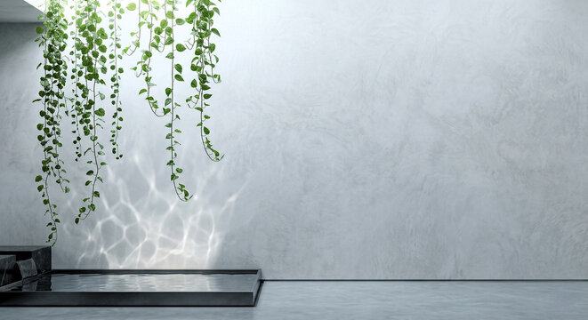 Minimalist Micro-cement Wall with Water Caustics and Vines for Copy Space