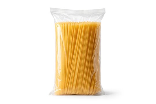 White plastic bag packaging filled with spaghetti pasta isolated on white background