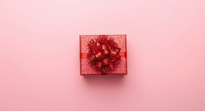 Top down photo of a red decorative gift box embellished with red sequins tinsel and a red bow on a soft pink backdrop with copy space
