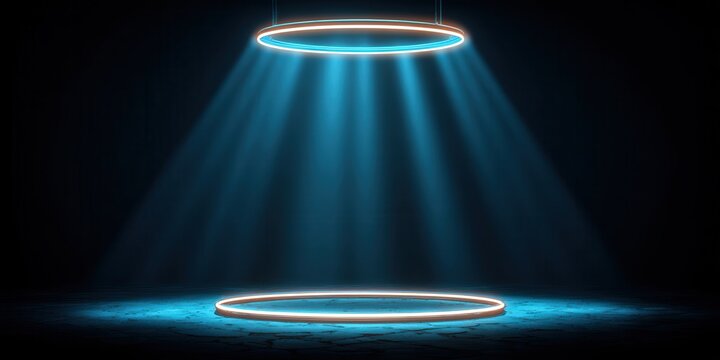 Cen&aacute;rio tecnol&oacute;gico com holofotes circulares e raios de luz azul neon criando uma plataforma moderna ideal para apresenta&ccedil;&otilde;es e publicidade.