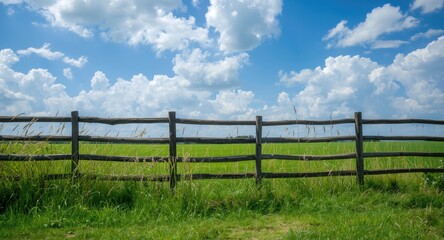 Fototapeta premium Wooden fence with lush grass and bright sky scattered with clouds for rustic backdrop copy space