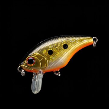 Close up studio shot highlighting the texture and color of a premium fishing lure, a buoyant crank bait designed for deep underwater fishing ,fishing ,retrieve ,isolated