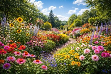 Obraz premium Vibrant mixed flower garden with bright sky and lush greenery