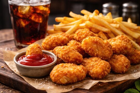 Golden crispy chicken nuggets with tangy ketchup served alongside crunchy fries and a chilled cola beverage