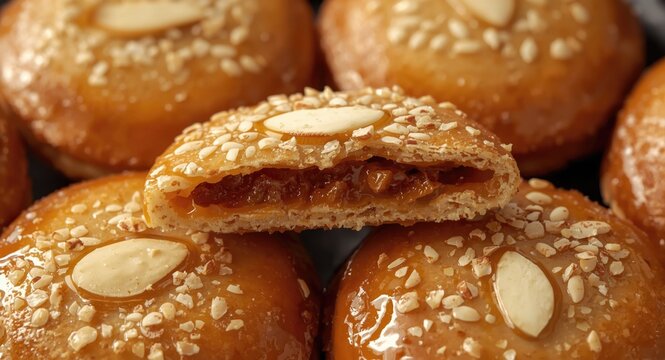 Traditional almond briouats close up with honey coating and spiced cinnamon orange blossom filling