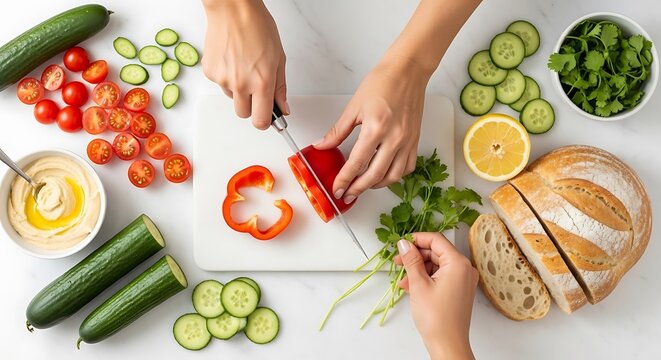 Hands preparing fresh mediterranean-inspired cuisine with vibrant vegetables