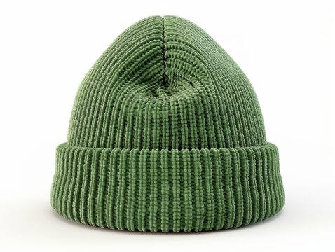 A blank green beanie hat is showcased against a pristine white background for design mockup purposes.
