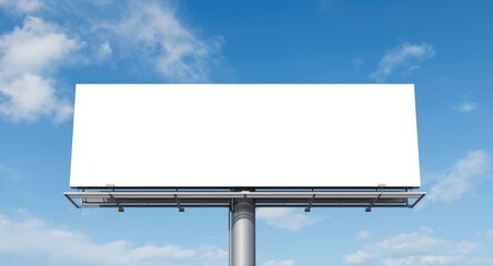 Obraz premium White banner billboard with copy space shown against a crisp blue sky and cloud filled background