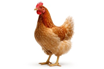 Fototapeta premium Chicken standing upright with visible beak and feathers on white background