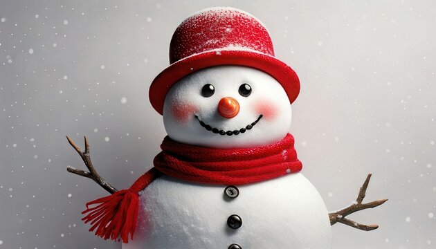 Boneco de neve sorridente usando um chap&eacute;u vermelho e cachecol combinando sob a neve caindo suavemente em um cen&aacute;rio de inverno festivo e alegre.