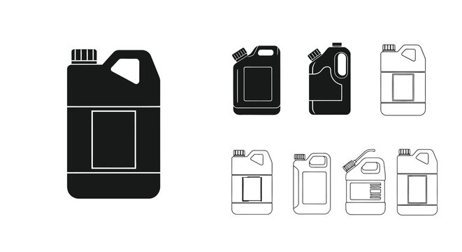Black and white illustration of various plastic containers with handles