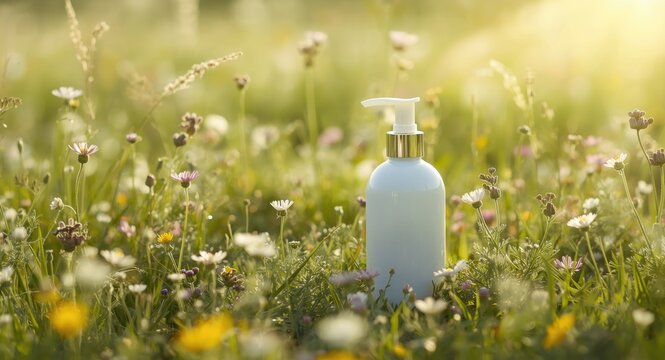 White dispenser bottle displayed among sticky willy and clivers flowers scattered in an open field