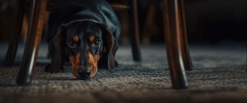 Timid dachshund hiding beneath chair portraying stress and mental worry