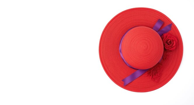 Stylish womens red hat combined with purple silk ribbon and rosette accents on white backdrop