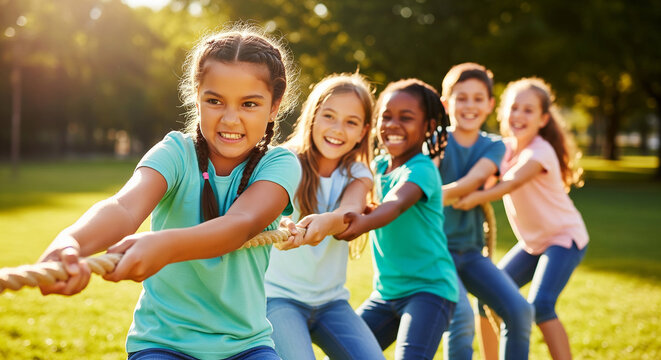 Smiling children engaged in energetic tug of war contest perfect for promoting active outdoor youth lifestyle and collaborative summer friendship teamwork