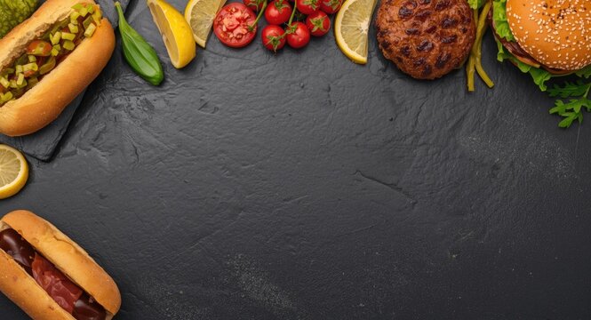 Top down perspective of a summer BBQ-themed border with hot dogs and juicy hamburgers arranged on a dark slate surface with copy space