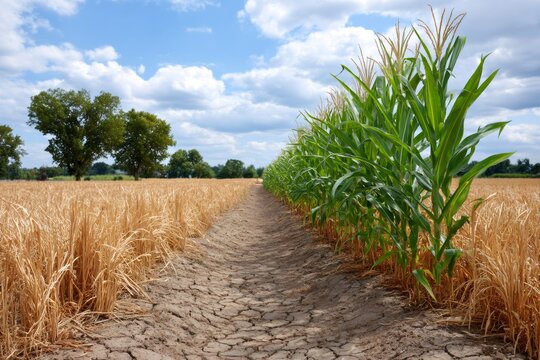 Contrasting corn and drought-stricken wheat field with cracked soil