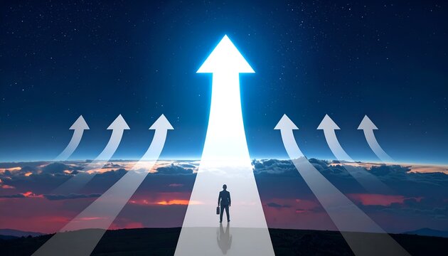 Leadership and breakthrough concept with bold arrow moving forward, symbolizing ambition, progress, and achievement.