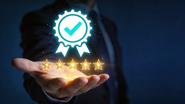 Businessman hand holding holographic quality badge with five star rating digital concept of customer satisfaction premium service excellence approval success trust and verified