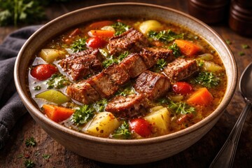 Fototapeta premium Hearty bowl of soup featuring roasted pork and fresh vegetables