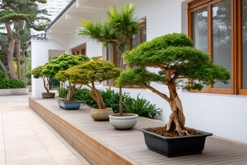 Fototapeta premium Bonsai trees cultivating tranquility in a traditional courtyard