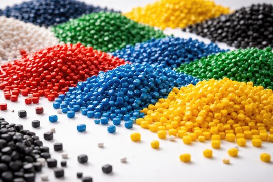 Polymer masterbatch granules scattered on white surface for plastic industry catalogs