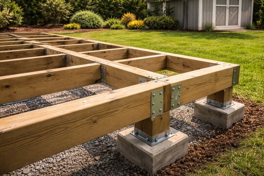 Detailed close-up of wooden deck foundation being built next to garden lawn and storage shed