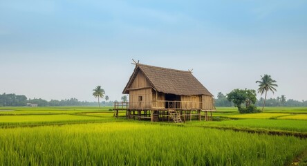 Obraz premium Traditional stilt house made of bamboo and thatch set against vibrant rice paddies under peaceful sky