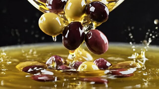 Ripe olives plunge into shimmering golden oil creating dynamic splashes