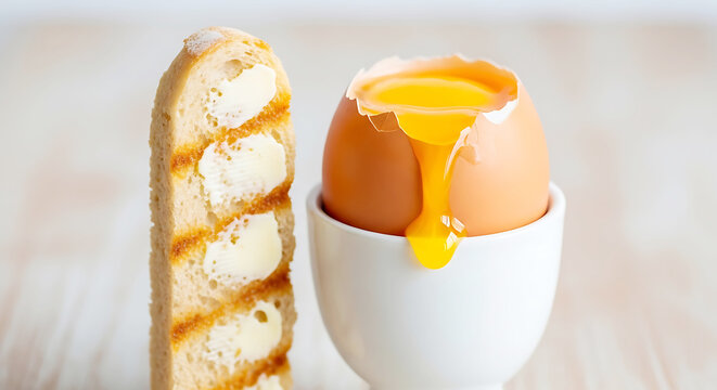 Buttered toasted bread next to egg in white ceramic cup on table