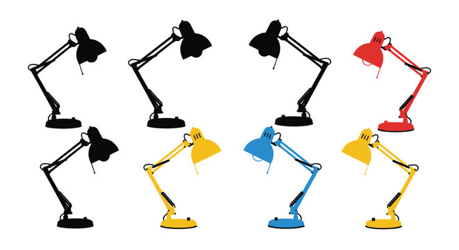 A collection of adjustable desk lamps in various colors and silhouettes