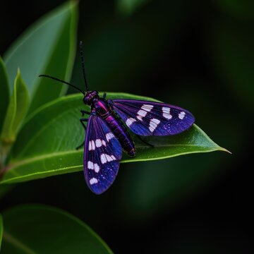 Delicate winged insect with striking royal purple patterns rests gently upon lush green foliage, showcasing natural beauty and vibrant color ,green ,macro ,blossom