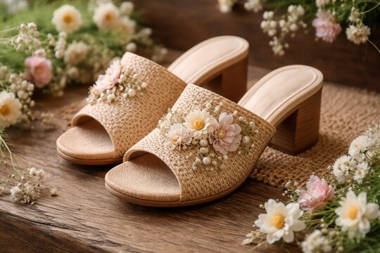 Eco friendly raffia mules featuring delicate floral accents and ethical wooden craftsmanship