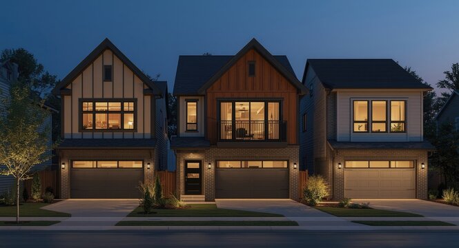 Well-lit contemporary family houses in a suburban locale supporting both modern living and community spirit