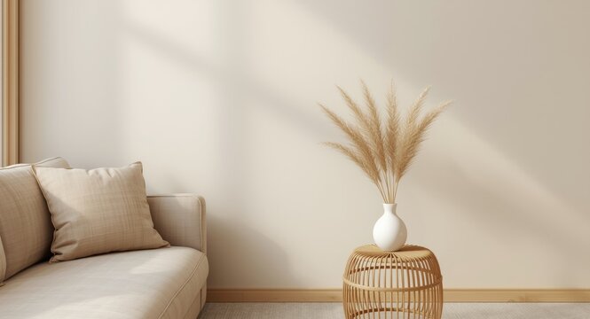 Warm neutral interior wall mockup featuring low sofa and beige pillow with dried Pampas grass on caned table in a Japanese style living room
