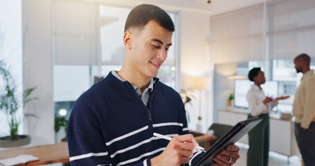 Man, stylus and tablet for media agency, smile and approval for online news report. Person,...