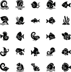 Fototapeta premium Black and white fish on white background silhouettes sea creatures ocean animals