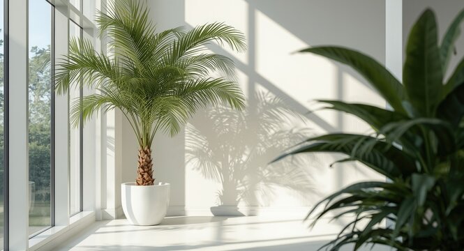 sunlight highlights a palm tree and tropical indoor plants in a sleek white indoor environment