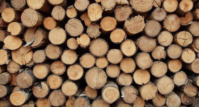 Wood billets piled to highlight natural texture for construction and building use