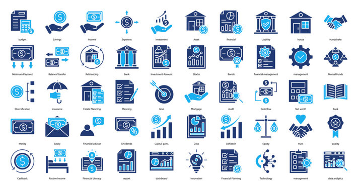 Financial Management Icon Set Collection Pack Banner Web Vector Illustration  Concept. Containing budget, Savings, Income, Expenses, Investment, Asset, financial icon